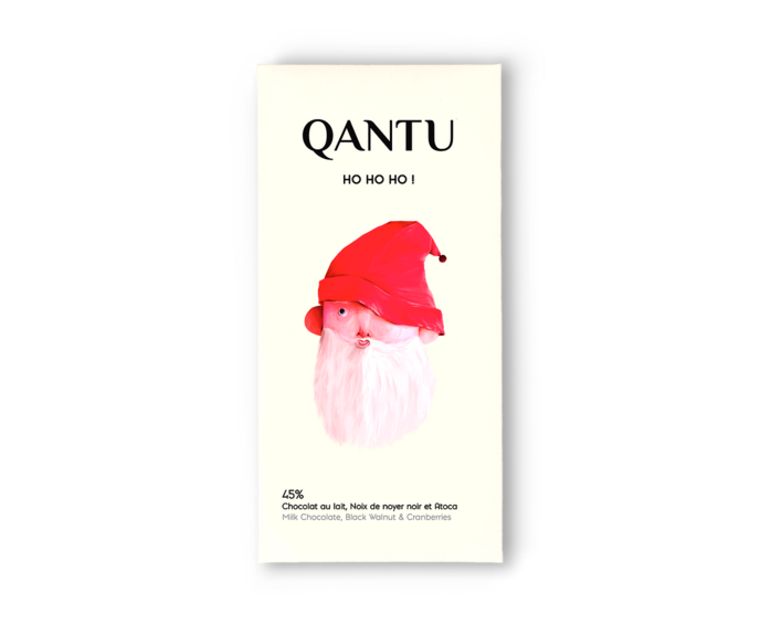 QANTU 45% mléčná čokoláda HO HO HO! s černými vlašskými ořechy a brusinkami 50 g