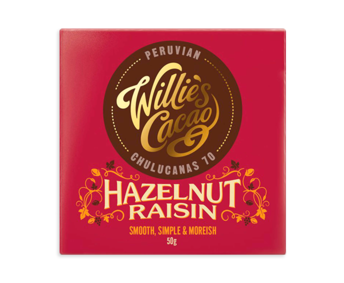 Willie's Cacao 70% hořká čokoláda Hazelnut Raisin Chulucanas 50 g