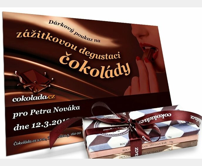 Dárkový certifikát na degustaci čokolády + set tří mléčných bio čokolád Rococo