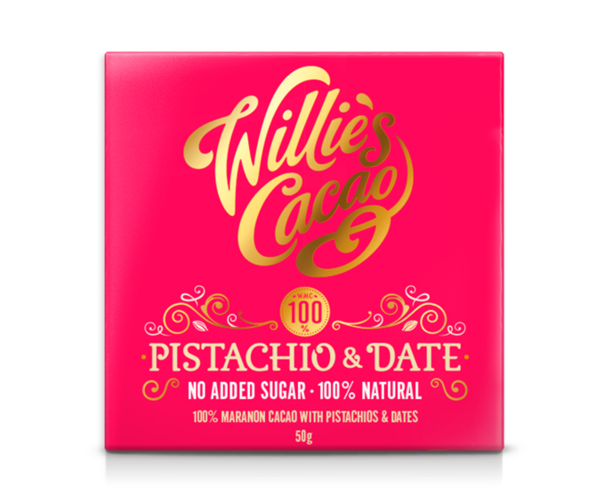 Willie's Cacao 100% hořká čokoláda bez cukru Pistachio & Date 50 g