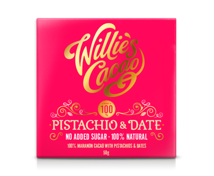Willie's Cacao EXP 100% hořká čokoláda bez cukru Pistachio & Date 50 g