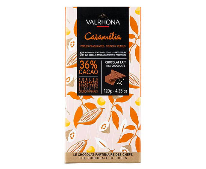 Valrhona 36% mléčná čokoláda CARAMELIA s karamelem a sušenkami 120 g
