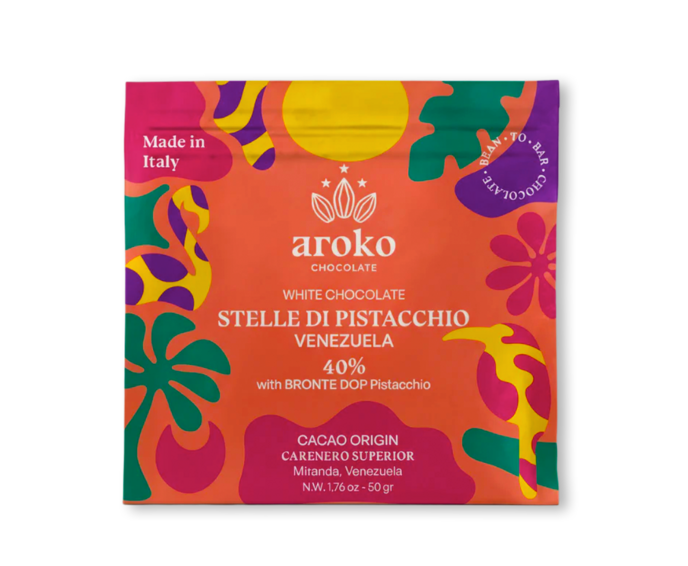 AROKO CHOCOLATE 35% bílá čokoláda s pistáciemi CARENERO WITH BRONTE DOP PISTACCHIO 50 g