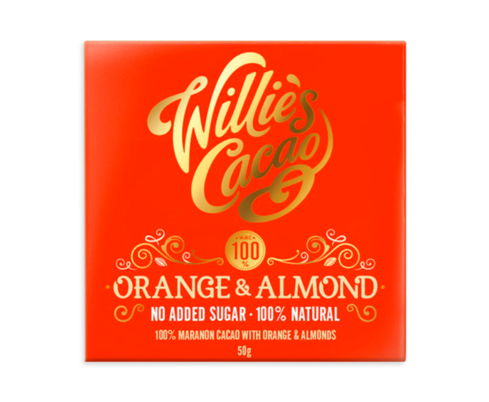 Willie's Cacao 100% hořká čokoláda bez cukru Orange & Almond 50 g