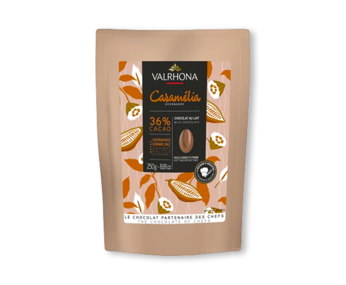 Valrhona 36% mléčná čokoláda CARAMELIA pecky 250 g