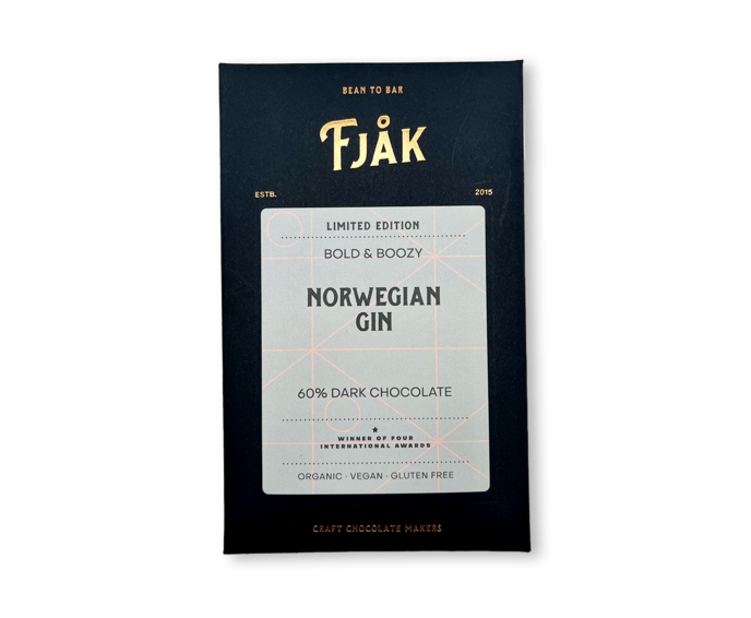 FJAK Sjokolade 60% hořká čokoláda NORWEGIAN GIN s ginem BIO 60 g