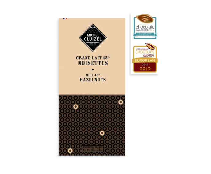 Michel Cluizel Grand Lait 45% mléčná čokoláda s lískovými ořechy 100g