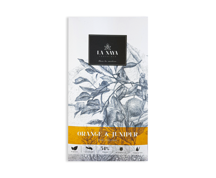 LA NAYA 54% mléčná čokoláda ORANGE & JUNIPER s pomerančem a jalovcem BIO 80 g