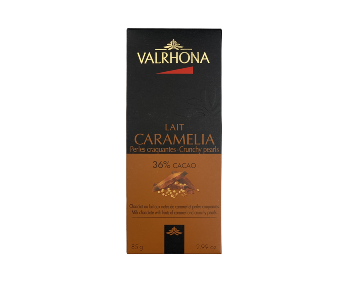 Valrhona CARAMELIA 36% mléčná čokoláda s karamelem a sušenkami 85 g