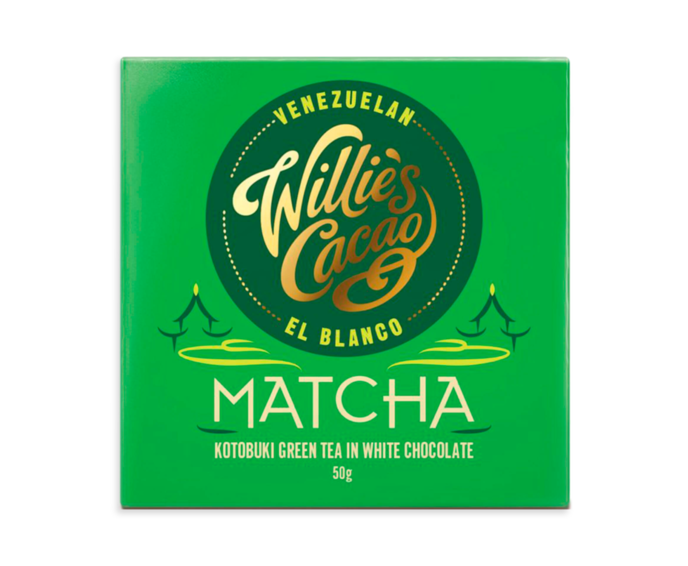 Willie's Cacao 38% bílá čokoláda s čajem Matcha 50 g