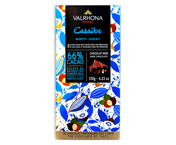 Valrhona 66% hořkomléčná čokoláda CARAIBE HAZELNUT s lískovými ořechy 120 g