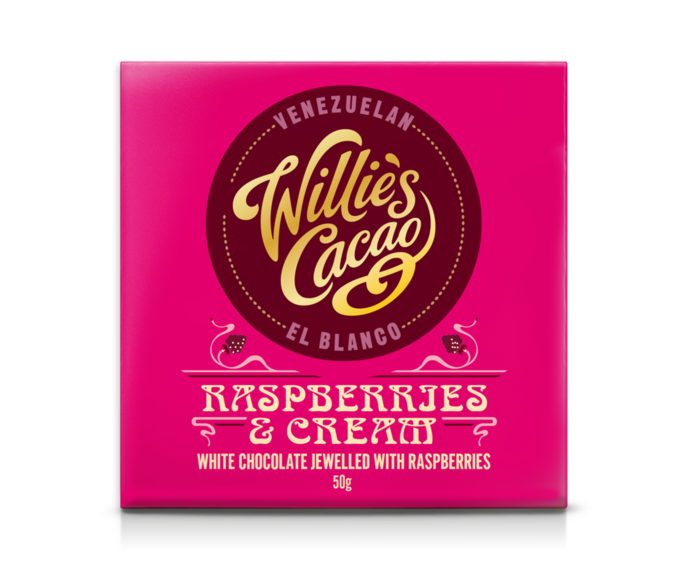 Willie's Cacao 36% bílá čokoláda s malinami Raspberries & Cream 50 g