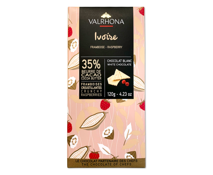 Valrhona 35% bílá čokoláda IVOIRE RASPBERRY s malinami 120 g