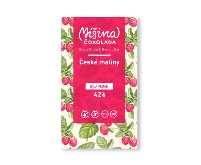 Míšina čokoláda 42% BÍLÁ čokoláda VEGAN MALINY 50 g