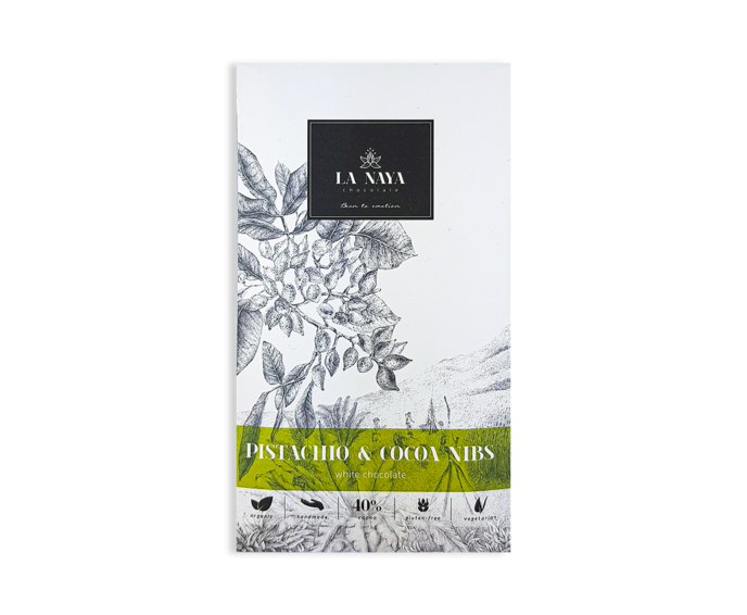 LA NAYA 40% bílá čokoláda PISTACHIO & COCOA NIBS s pistáciemi a nibsy BIO 80 g