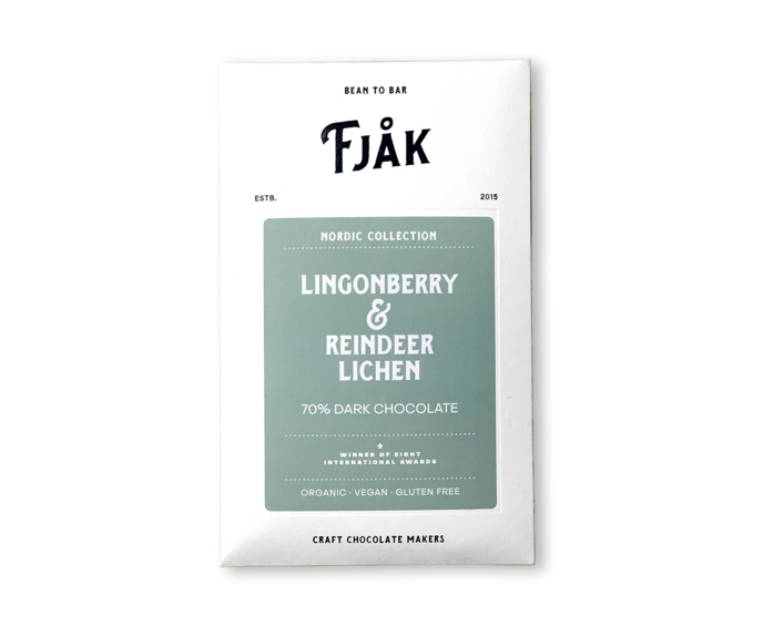 FJAK Sjokolade 70% hořká čokoláda REINDEER MOSS se sobím mechem a brusinkami BIO 60 g