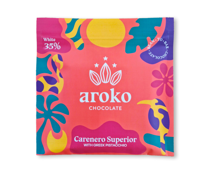 AROKO CHOCOLATE 35% bílá čokoláda s pistáciemi CARANERO WITH GREEK PISTACCHIO 50 g