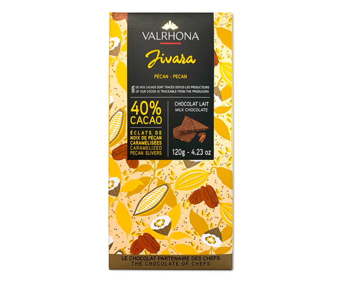 Valrhona 40% mléčná čokoláda JIVARA PECAN s pekanovými ořechy 120 g