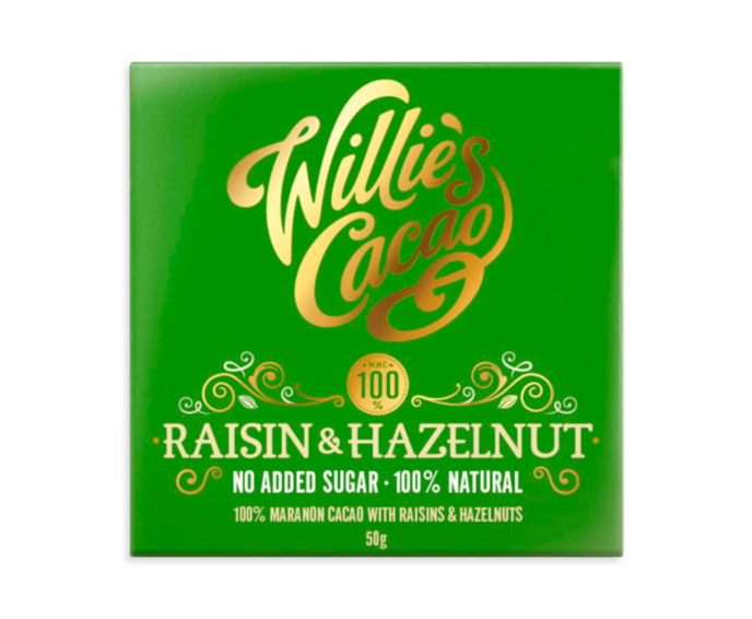 Willie's Cacao 100% hořká čokoláda bez cukru Raisin & Hazelnut 50 g