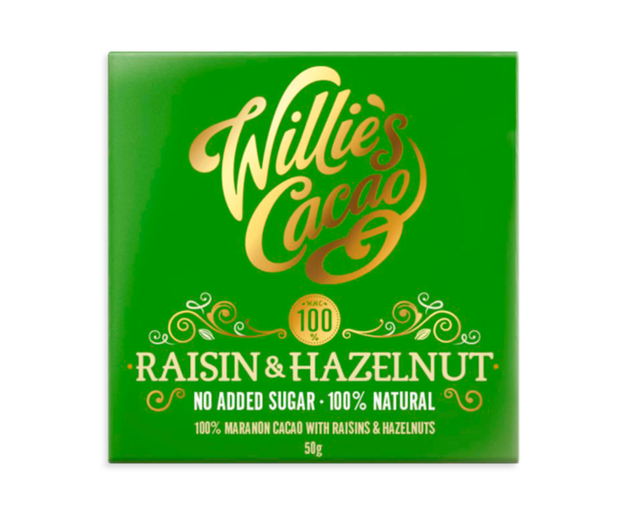 Willie's Cacao EXP 100% hořká čokoláda Raisin & Hazelnut bez cukru 50 g