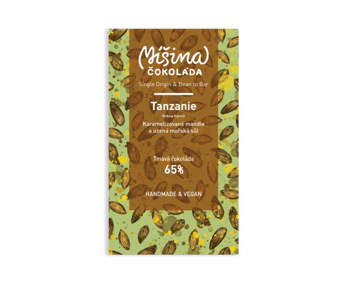 Míšina čokoláda 65% hořká čokoláda s karamelizovanými MANDLEMI a uzenou solí 50 g