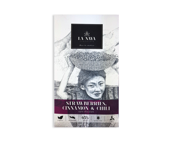 LA NAYA 65% hořká čokoláda STRAWBERRIES, CINNAMON & CHILLI s jahodami, skořicí a chilli BIO 80 g