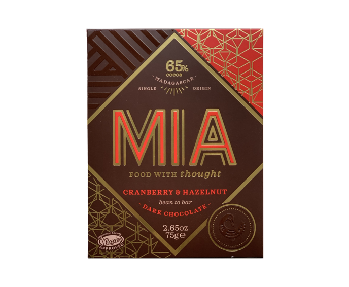 MIA 65% hořká čokoláda s brusinkami a lískovými ořechy 75 g