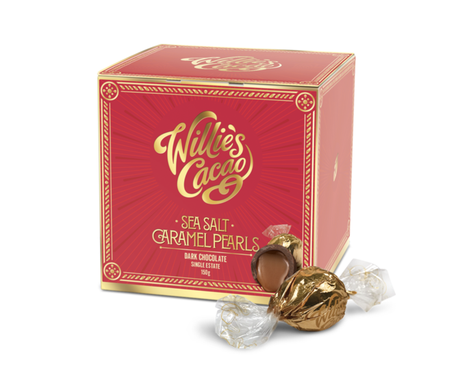 Willie's Cacao Black Pearls 70% hořké pralinky se slaným karamelem 150 g