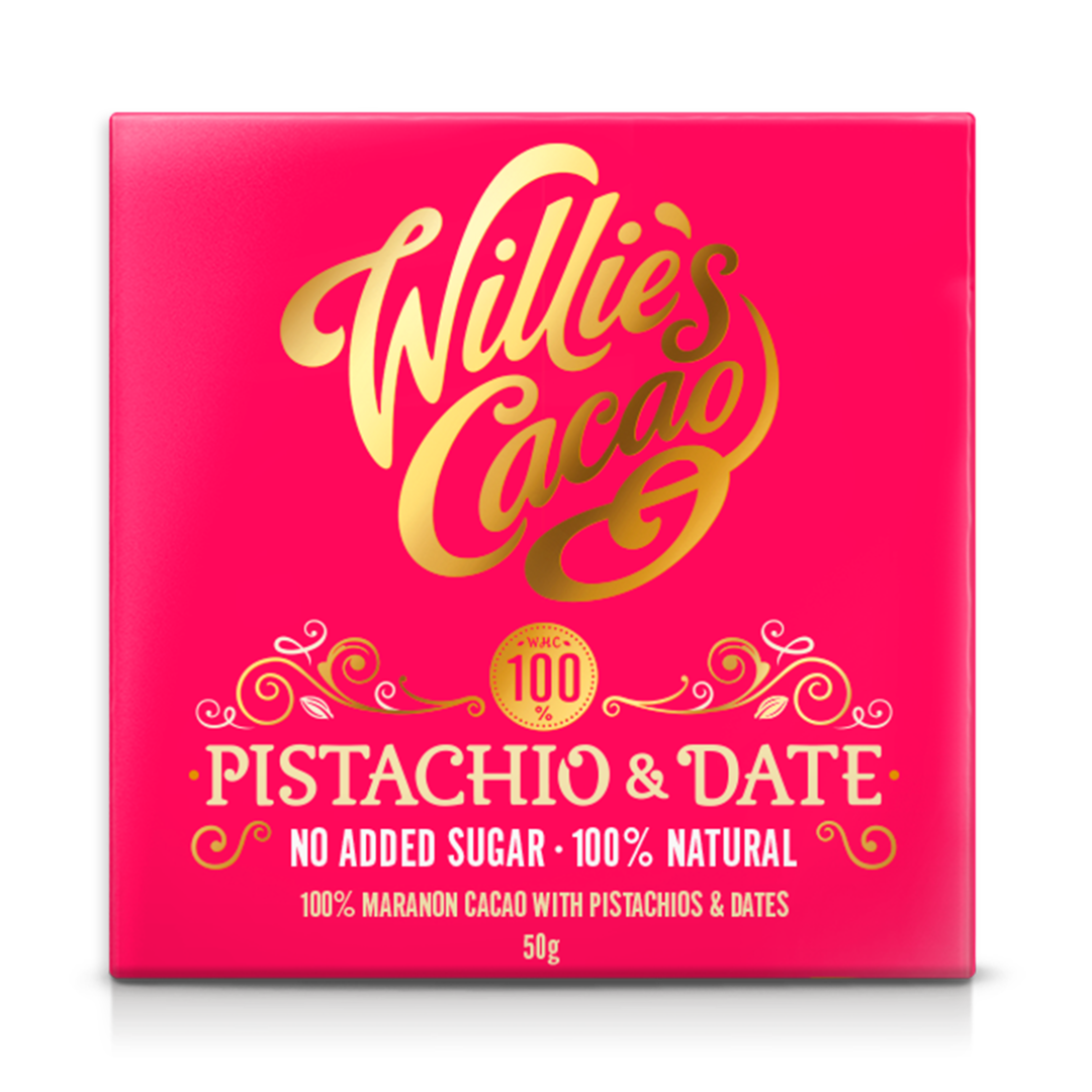 Willie's Cacao Pistachio & Date 100% hořká čokoláda bez cukru 50 g