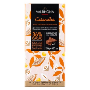 Valrhona 36% mléčná čokoláda CARAMELIA s karamelem a sušenkami 120 g
