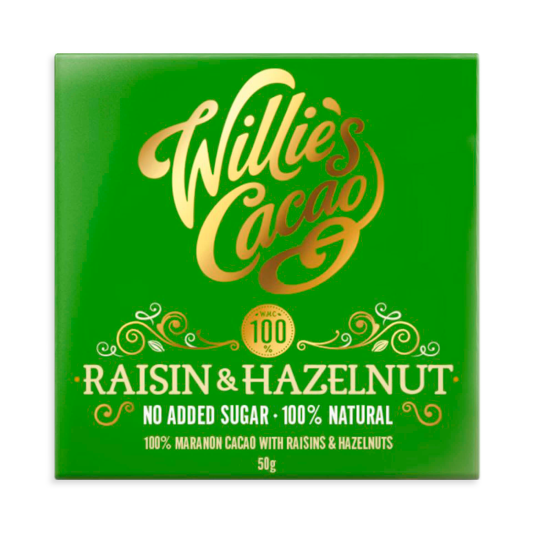Willie's Cacao Raisin & Hazelnut 100% hořká čokoláda bez cukru 50 g